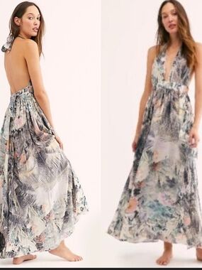 Free People Backless Halter Maxi Dress - Gray Multicolor Print